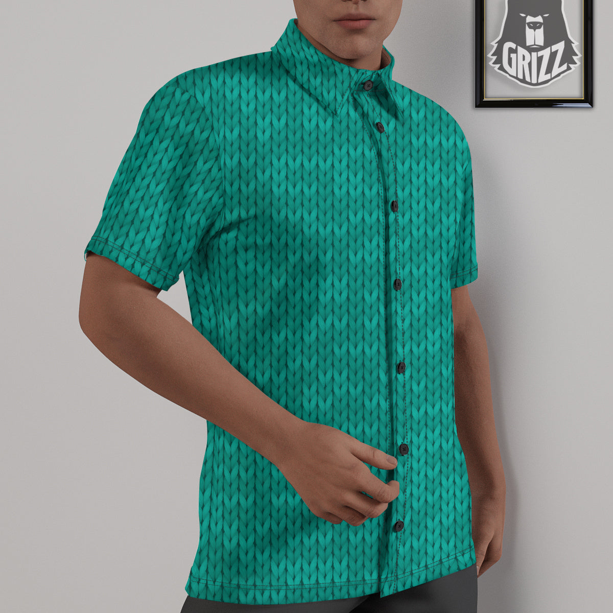 Knitted Turquoise Print Pattern Untucked Shirts-grizzshop