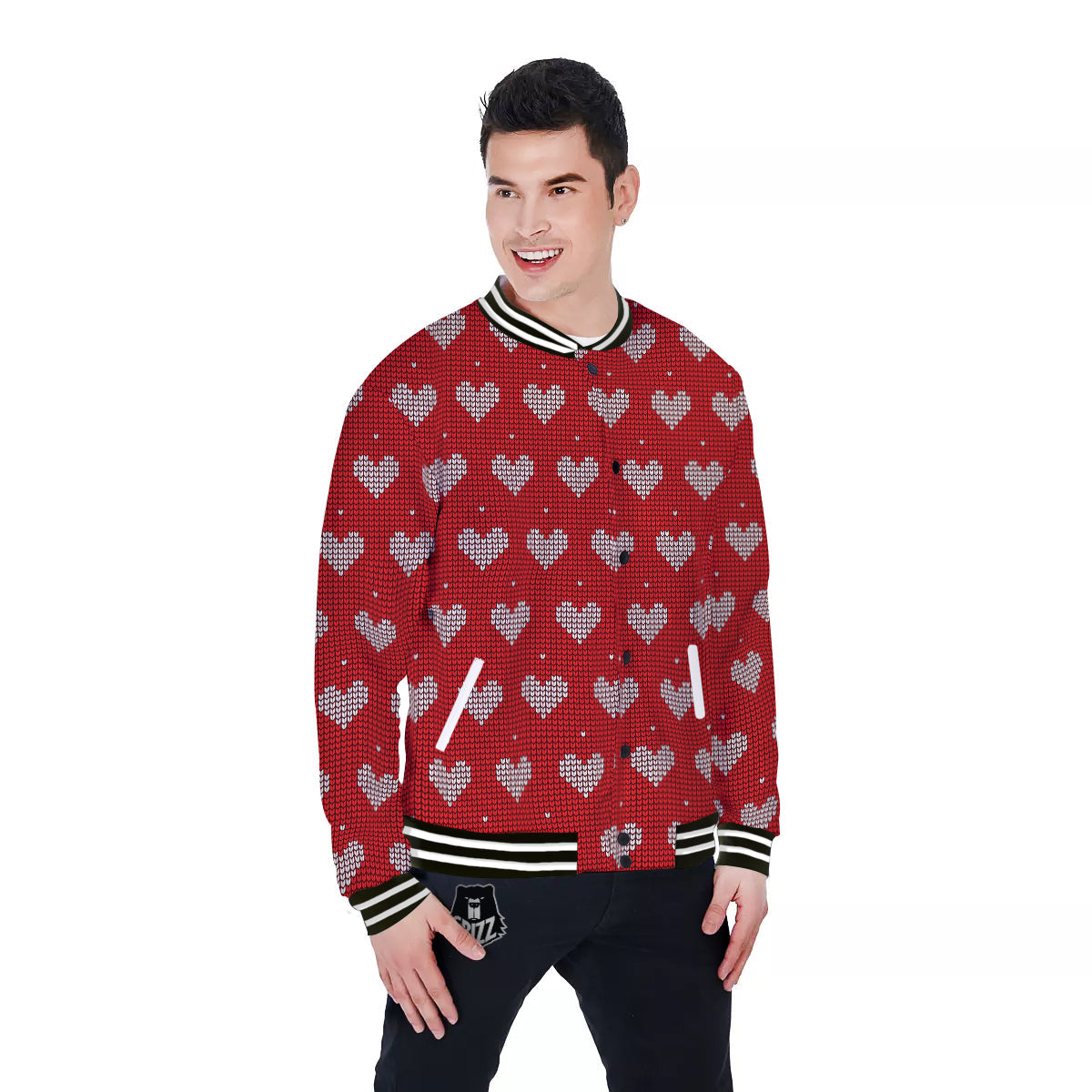 Knitted Valentine's Day Print Pattern Baseball Jacket-grizzshop