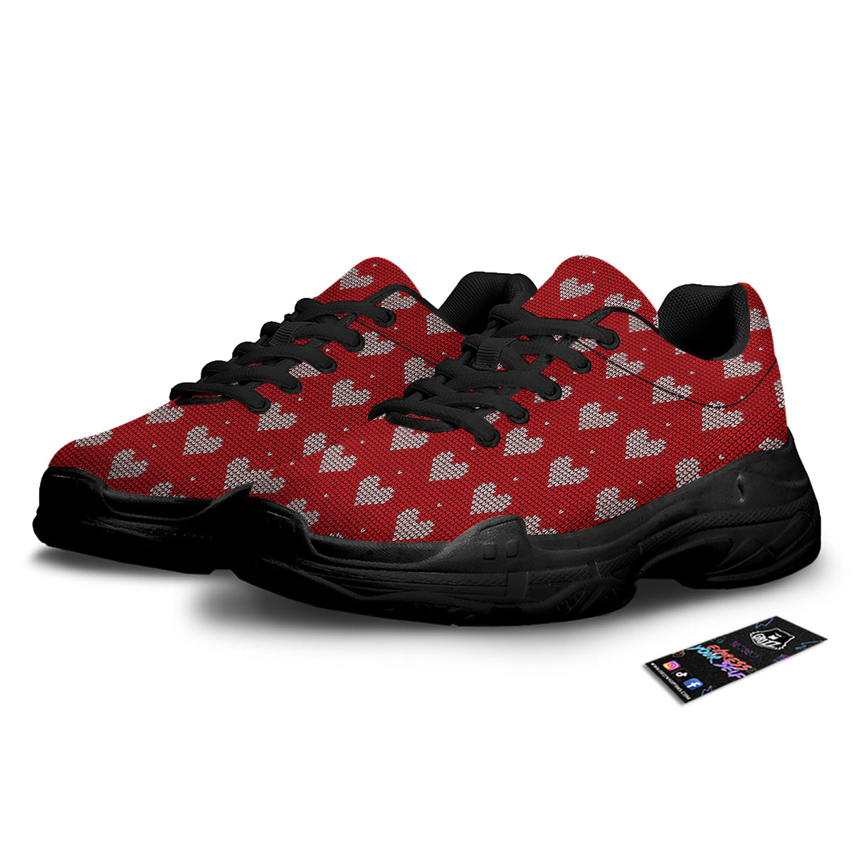 Knitted Valentine's Day Print Pattern Black Chunky Shoes