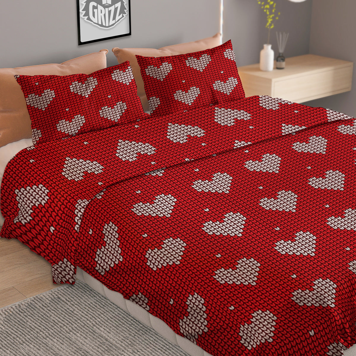 Knitted Valentine's Day Print Pattern Duvet Cover Bedding Set
