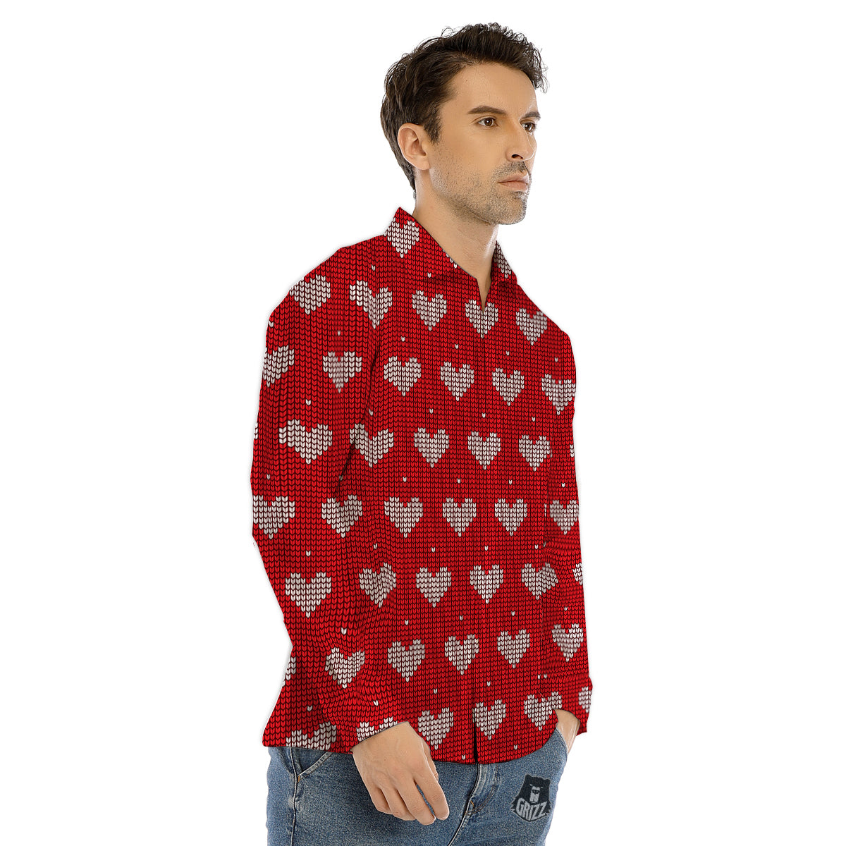 Knitted Valentine's Day Print Pattern Men's Dress Shirts-grizzshop