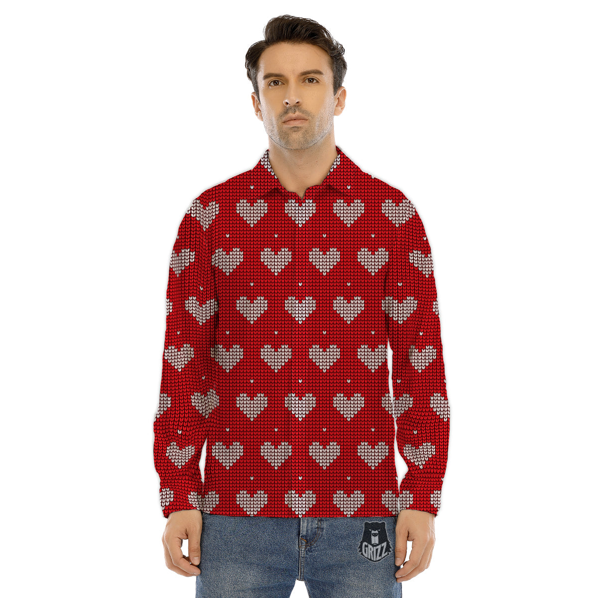 Knitted Valentine's Day Print Pattern Men's Dress Shirts-grizzshop