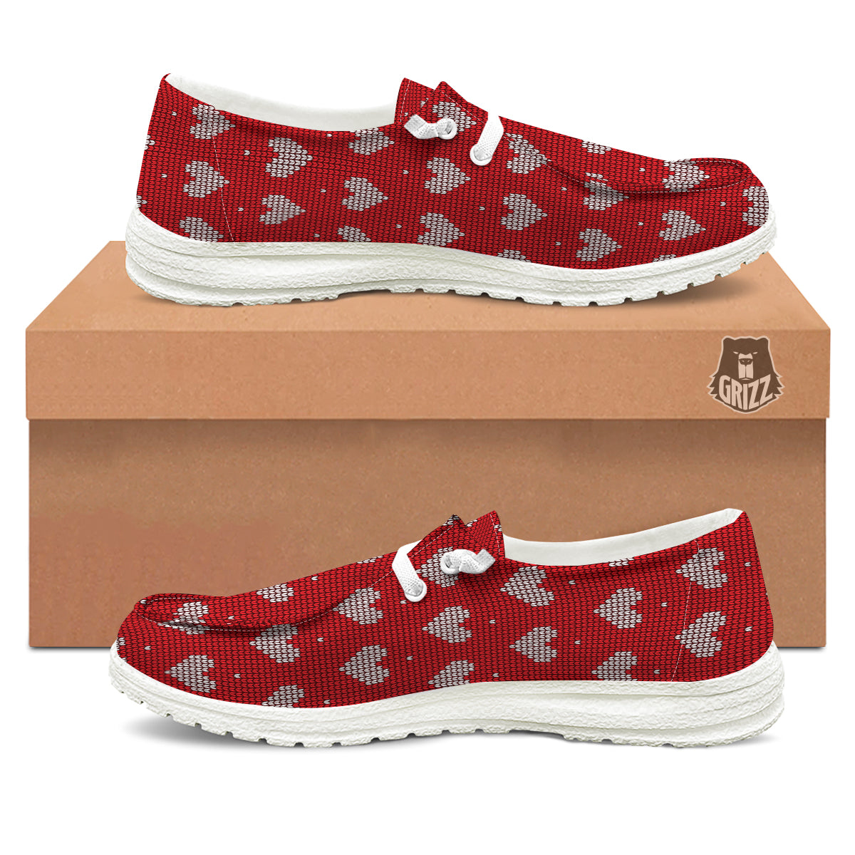 Knitted Valentine's Day Print Pattern White Loafers-grizzshop