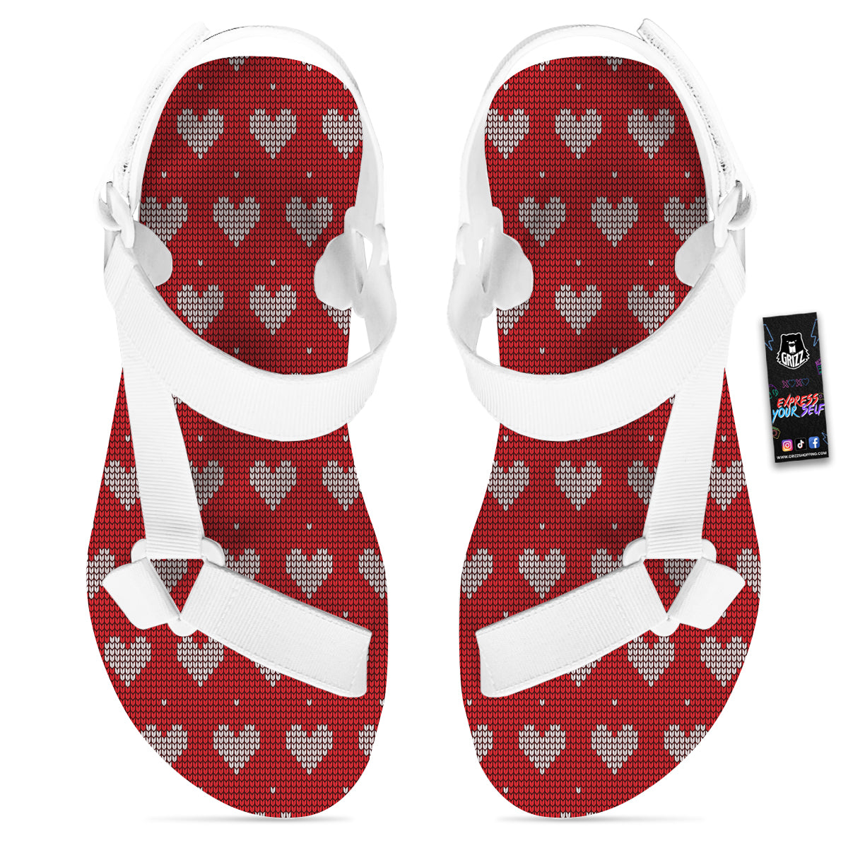 Knitted Valentine's Day Print Pattern White Open Toe Sandals-grizzshop