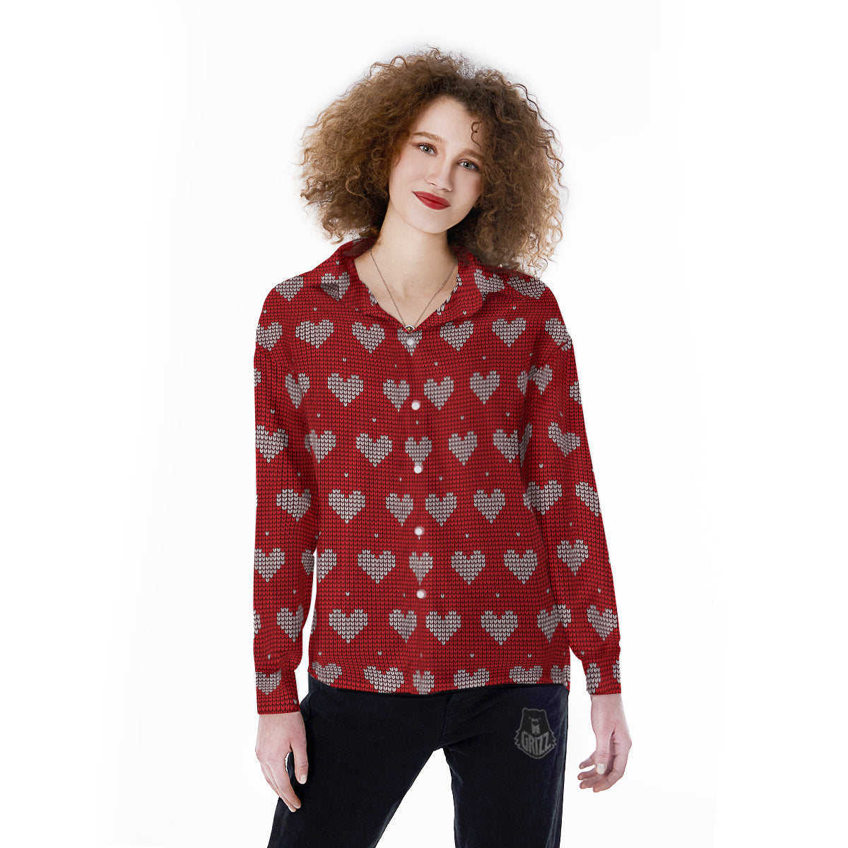 Knitted Valentine's Day Print Pattern Women's Long Sleeve Shirts-grizzshop