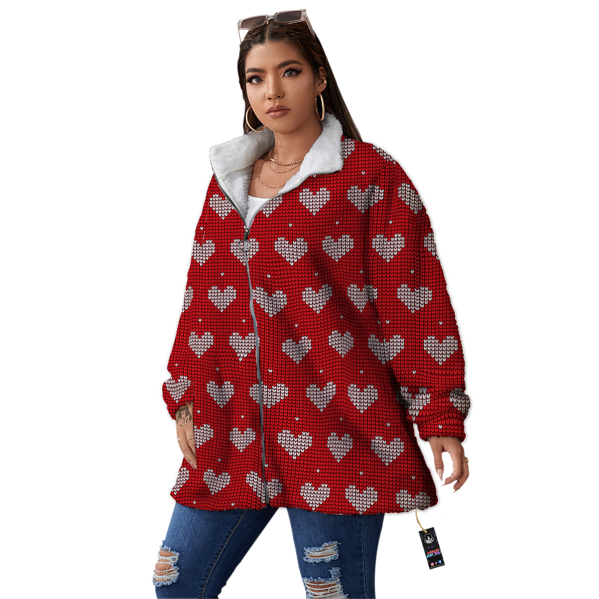 Knitted Valentine's Day Print Pattern Women's Sherpa Jacket-grizzshop