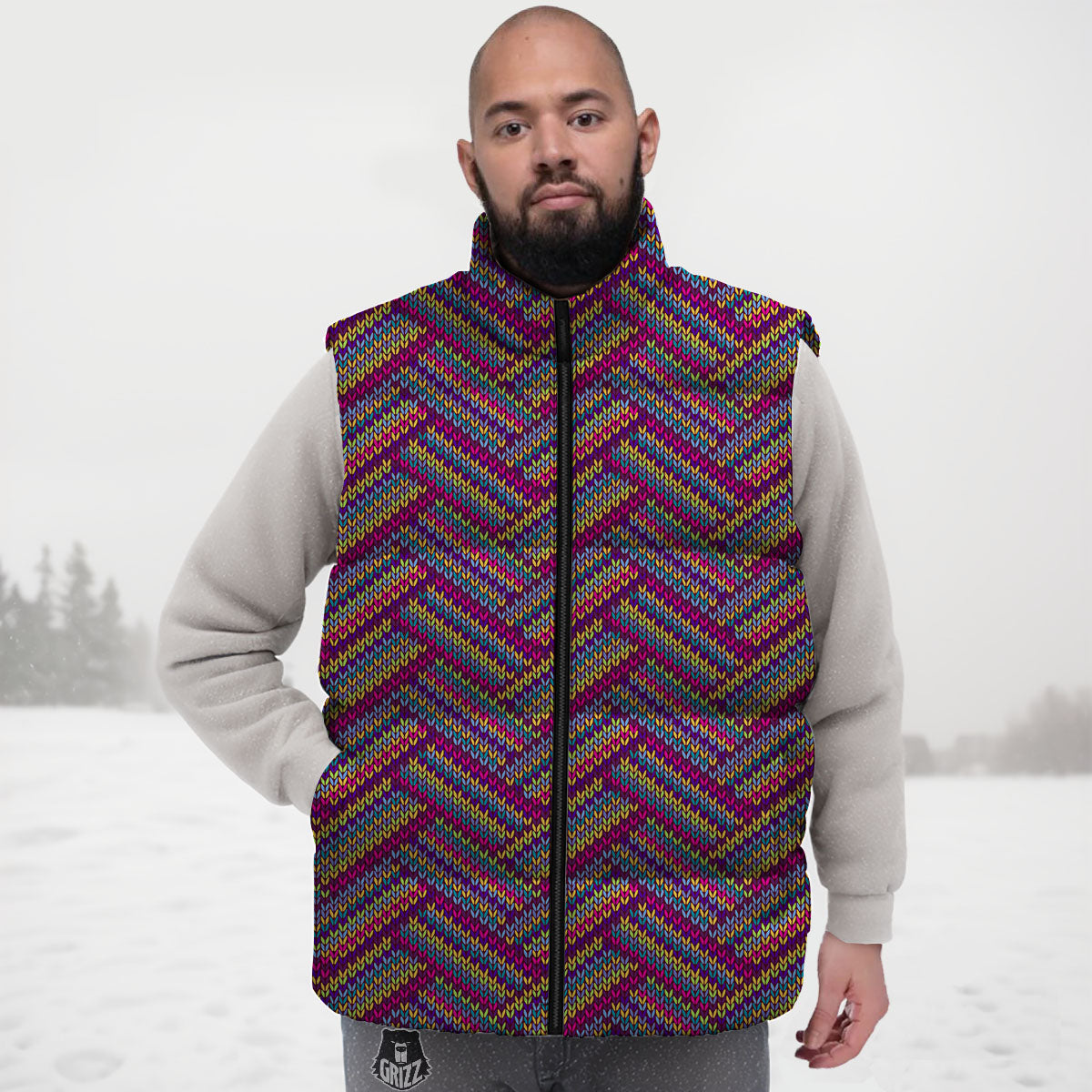 Knitted Vintage Print Pattern Down Vest