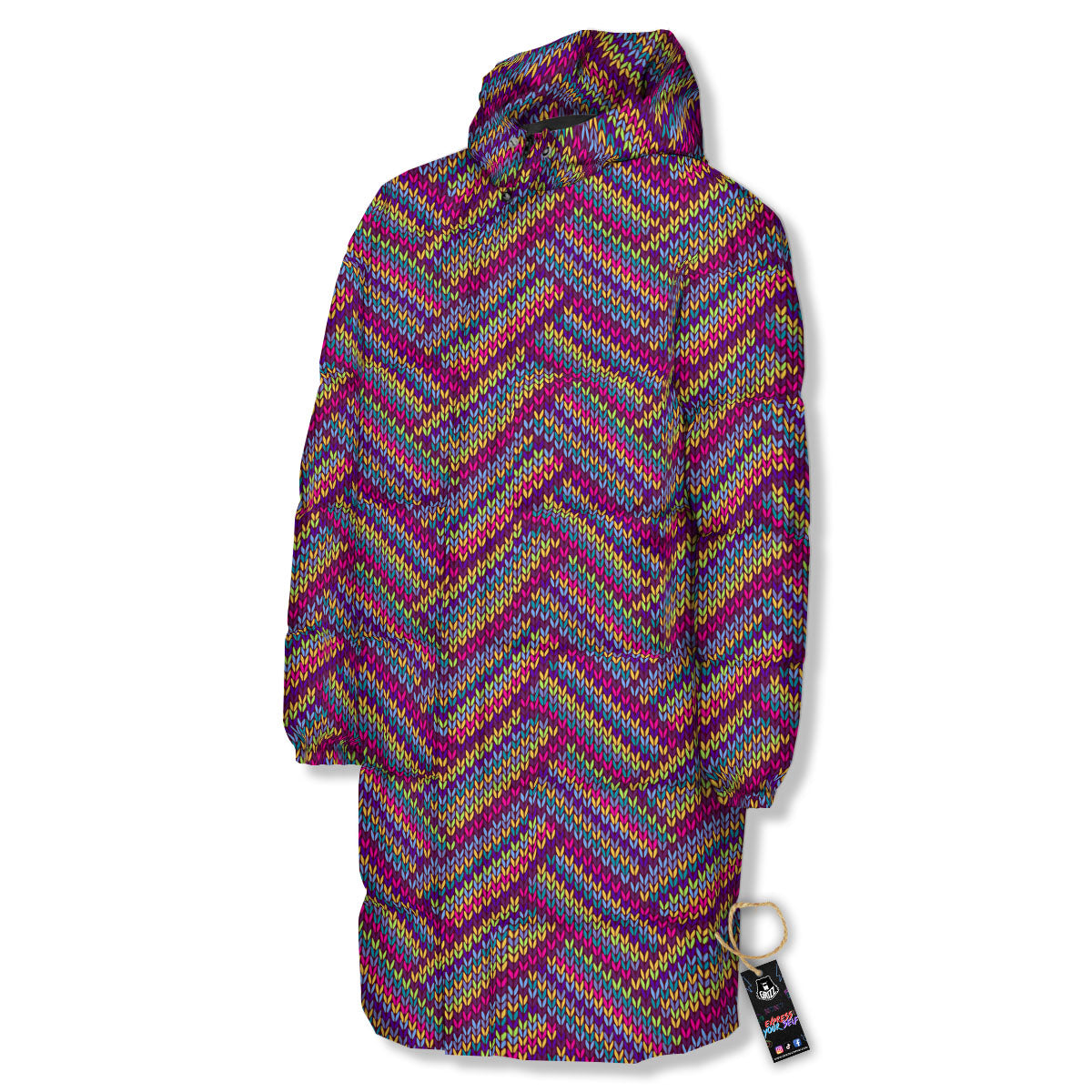 Knitted Vintage Print Pattern Long Down Jacket-grizzshop