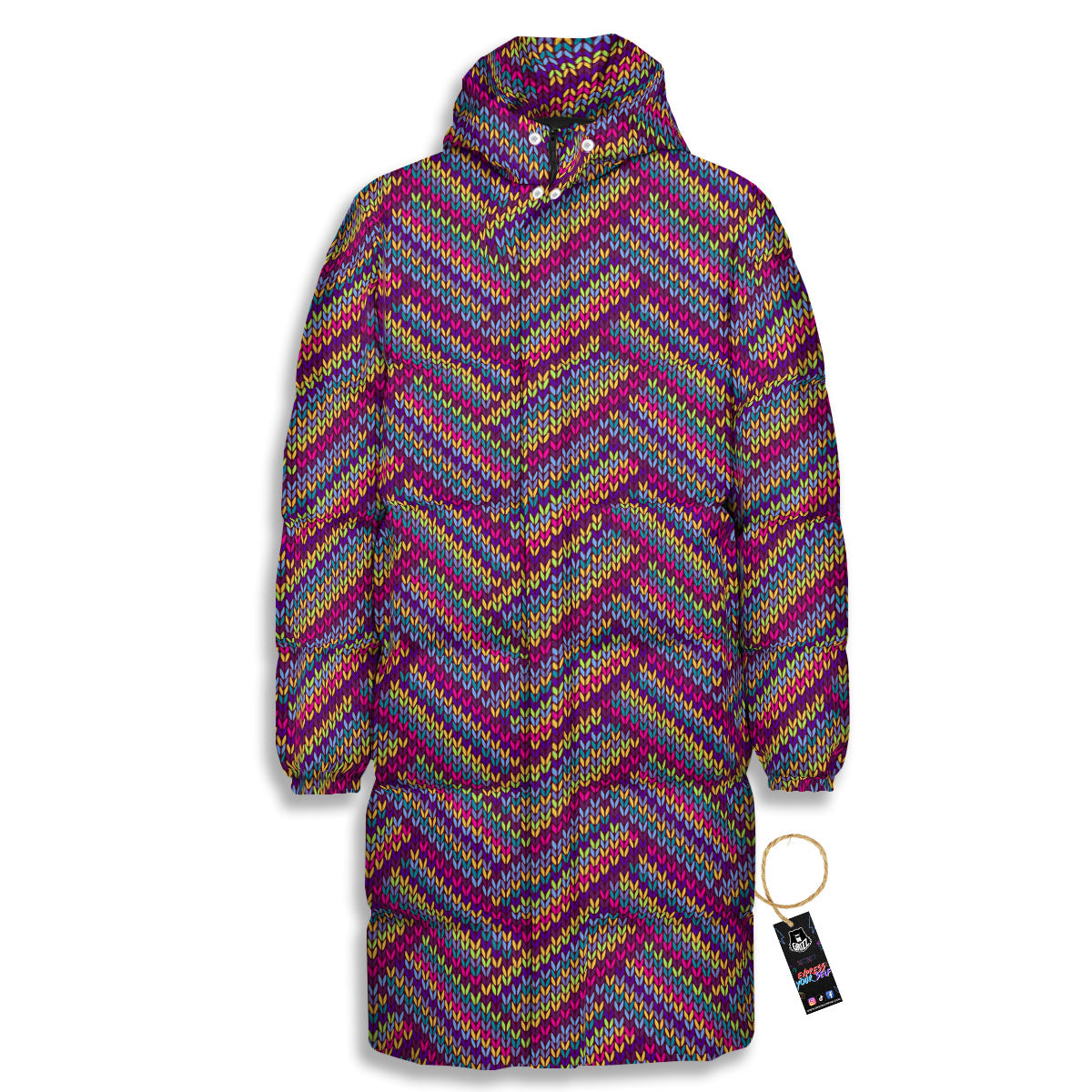 Knitted Vintage Print Pattern Long Down Jacket-grizzshop