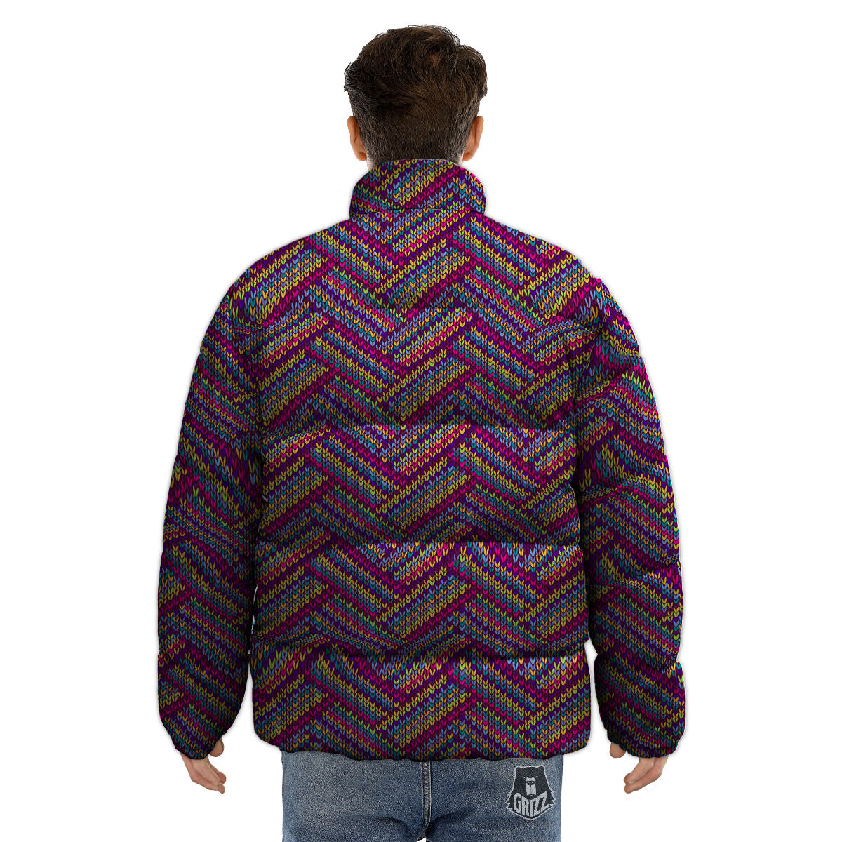 Knitted Vintage Print Pattern Puffer Jacket-grizzshop