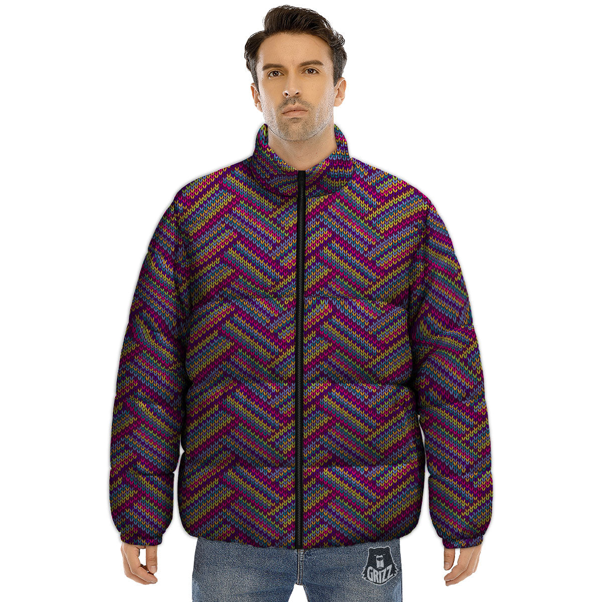 Knitted Vintage Print Pattern Puffer Jacket-grizzshop