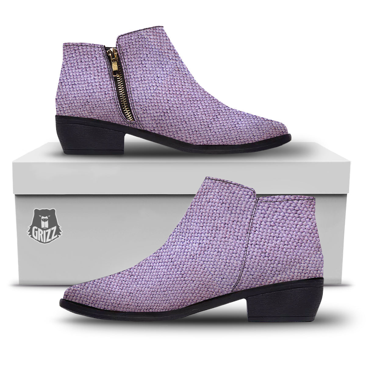 Knitted Violet Print Pattern Ankle Boots-grizzshop