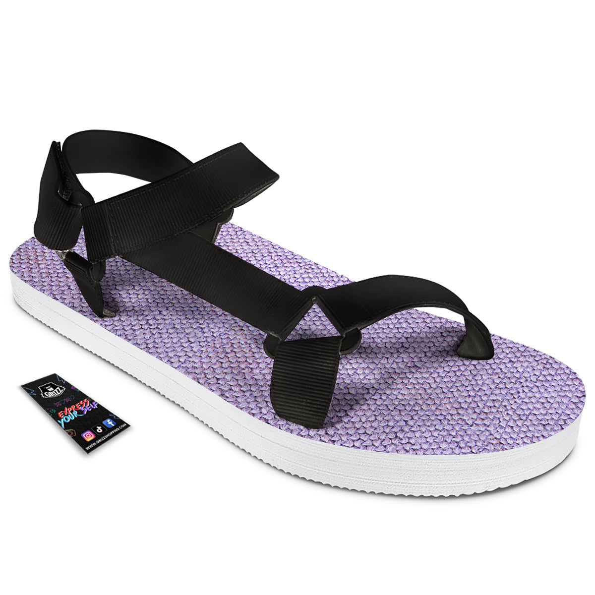 Knitted Violet Print Pattern Black Open Toe Sandals-grizzshop