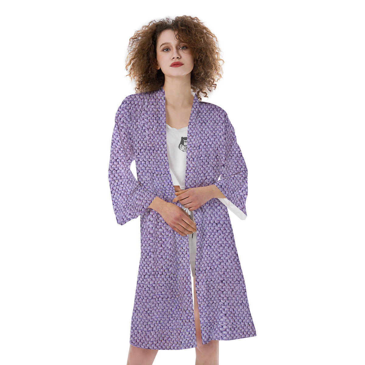 Knitted Violet Print Pattern Kimono-grizzshop