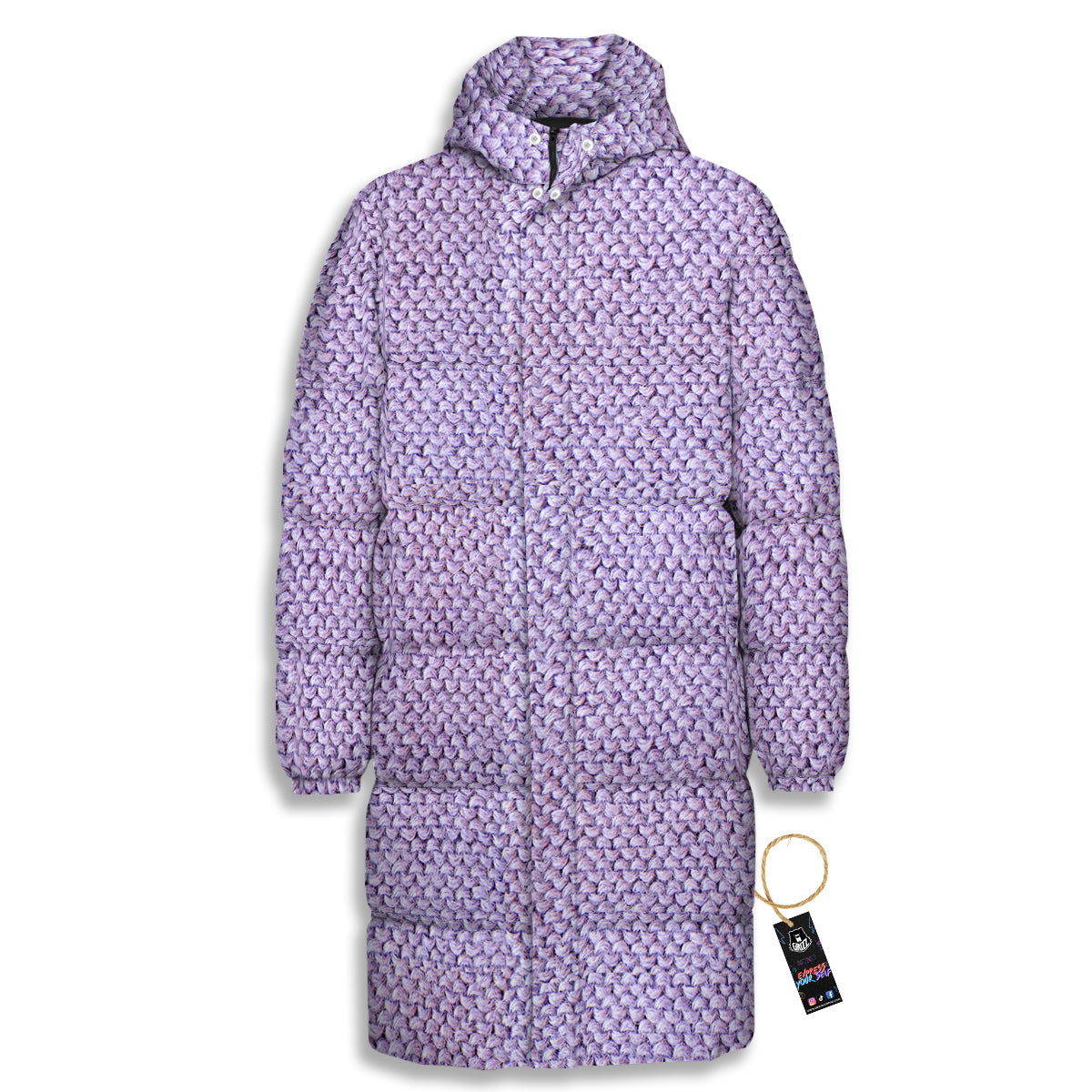 Knitted Violet Print Pattern Long Down Jacket-grizzshop
