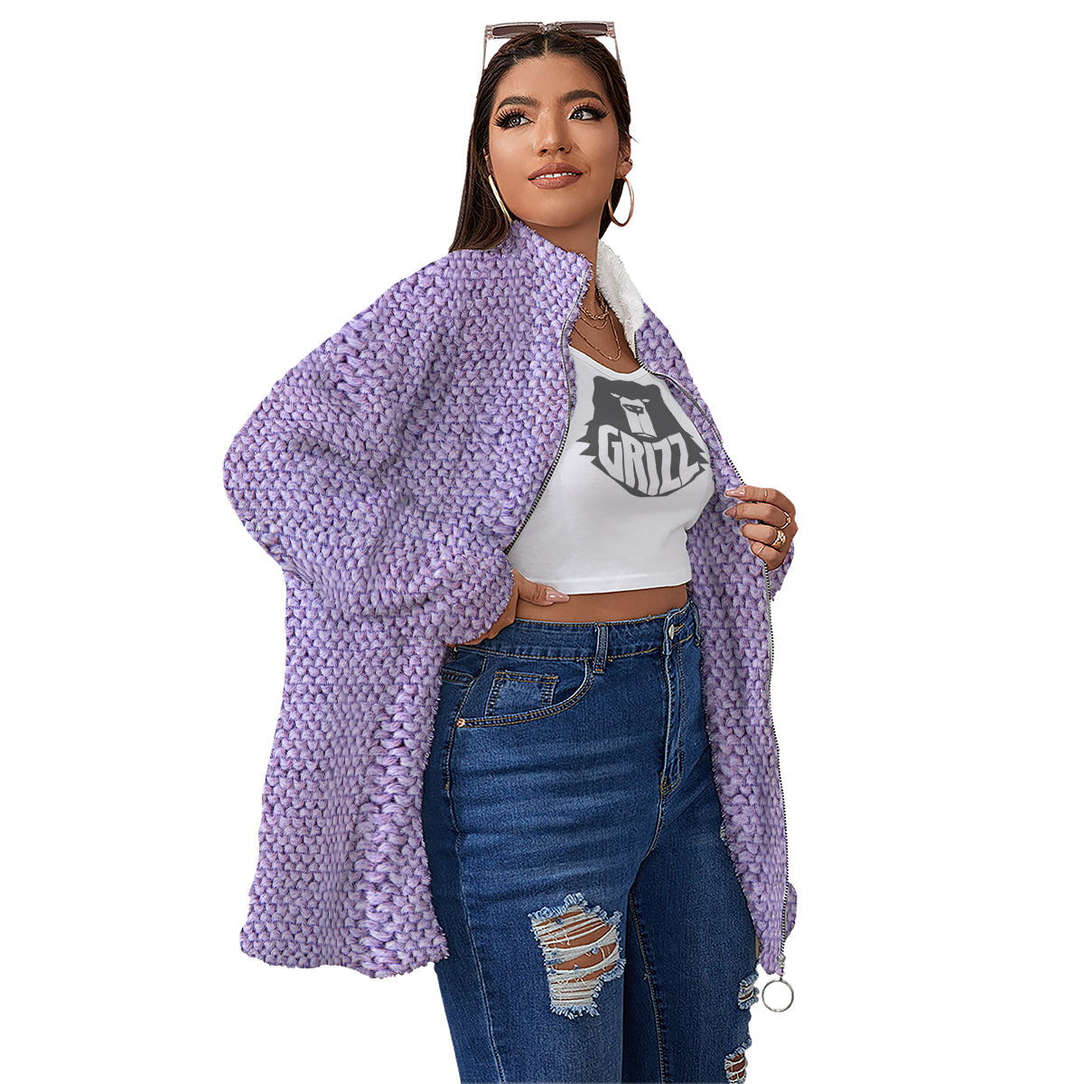 Knitted Violet Print Pattern Women's Sherpa Jacket-grizzshop