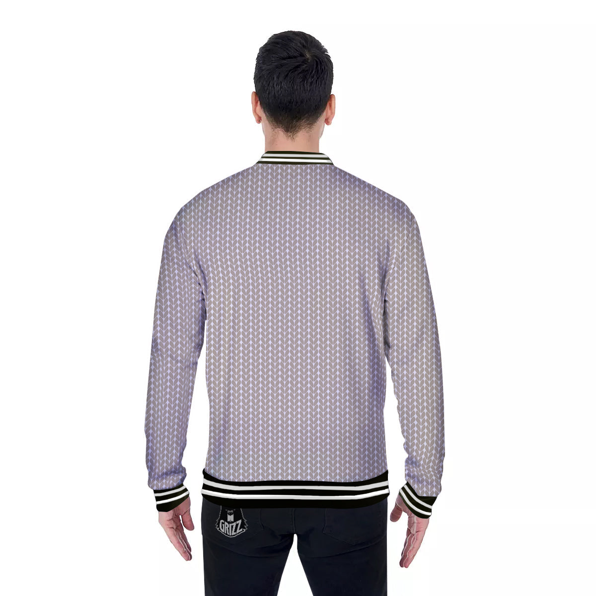 Knitted White And Beige Print Pattern Baseball Jacket-grizzshop
