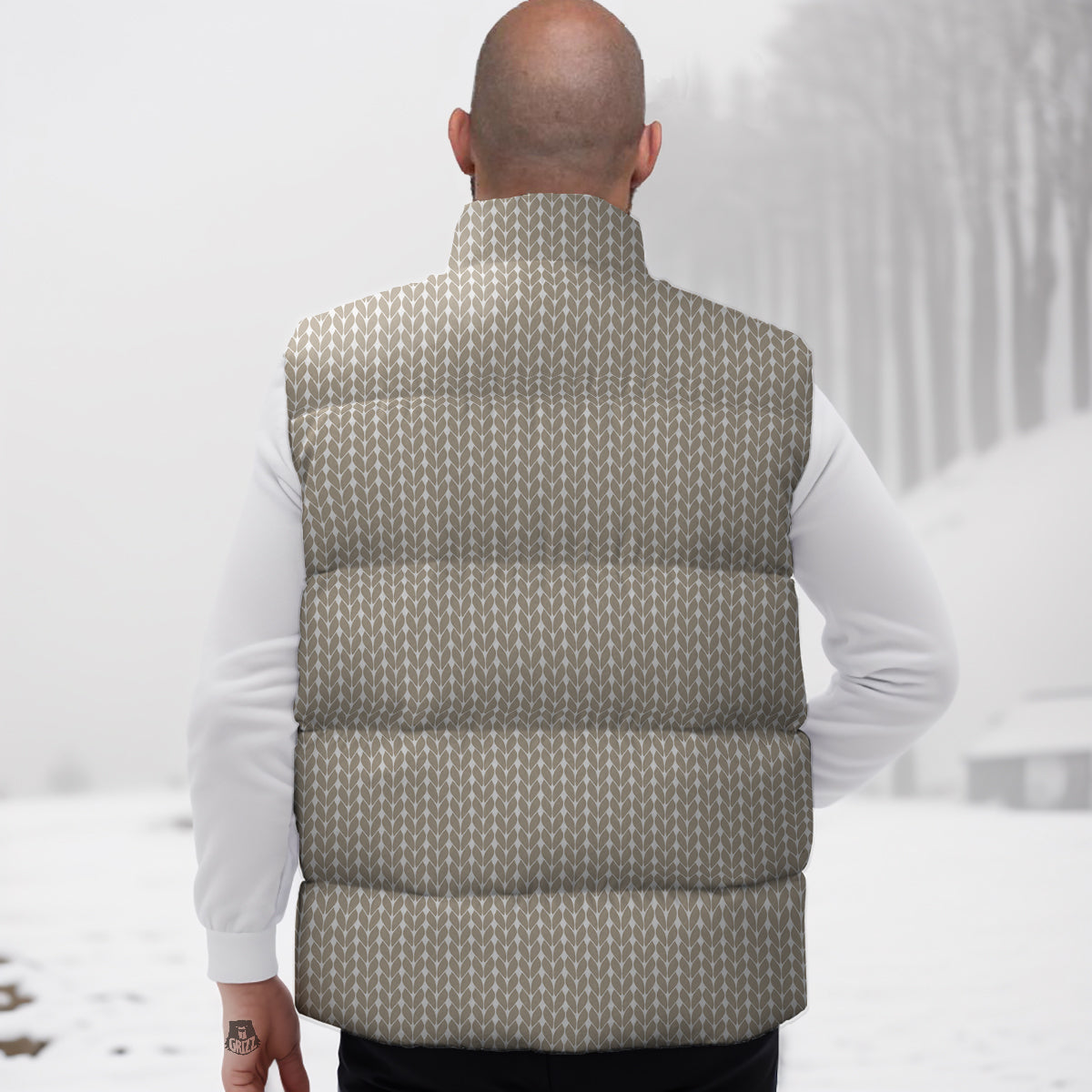 Knitted White And Beige Print Pattern Down Vest