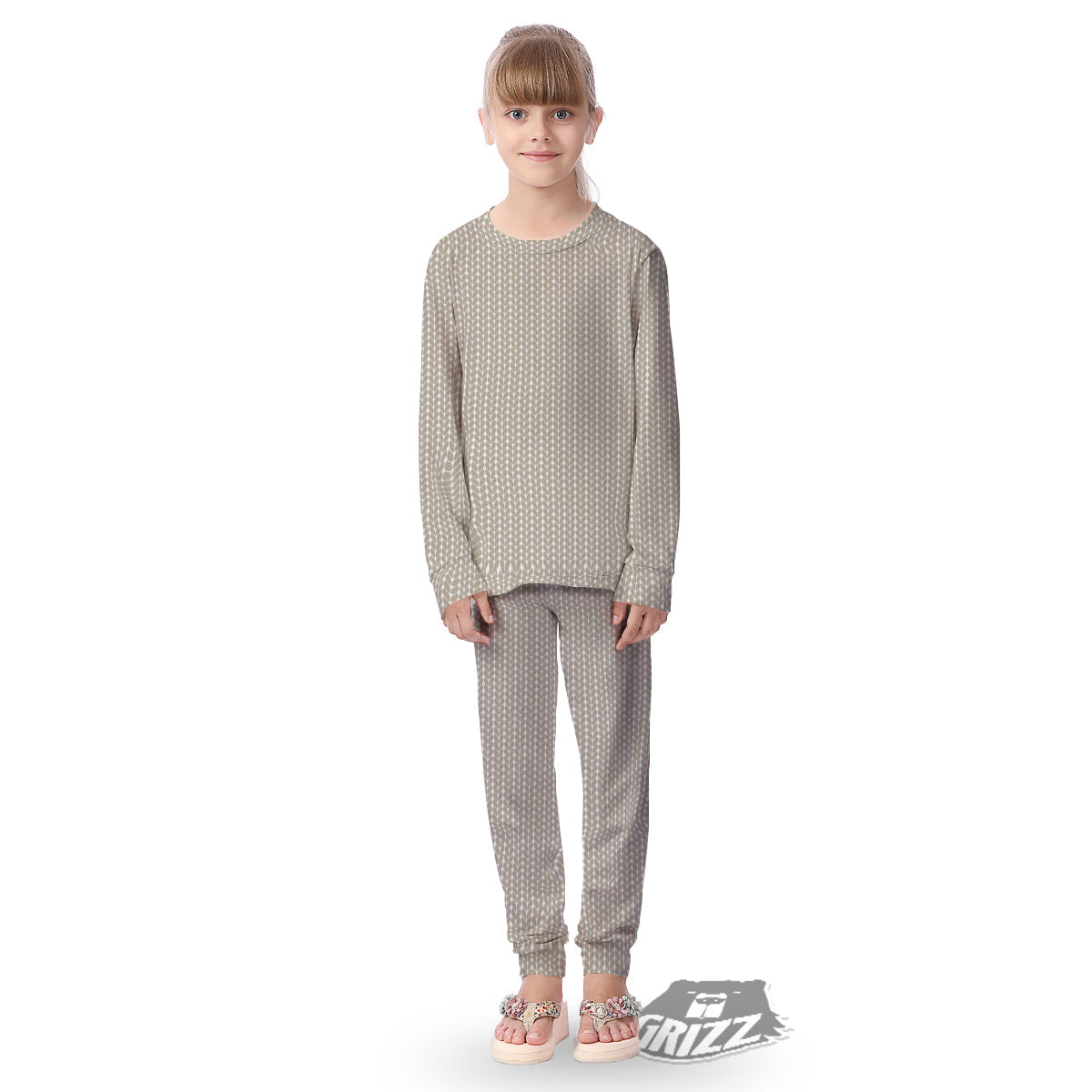 Knitted White And Beige Print Pattern Kid's Pajamas-grizzshop