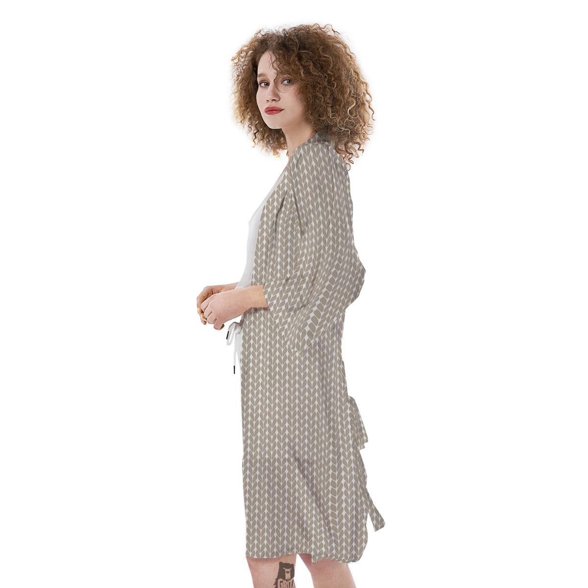 Knitted White And Beige Print Pattern Kimono-grizzshop