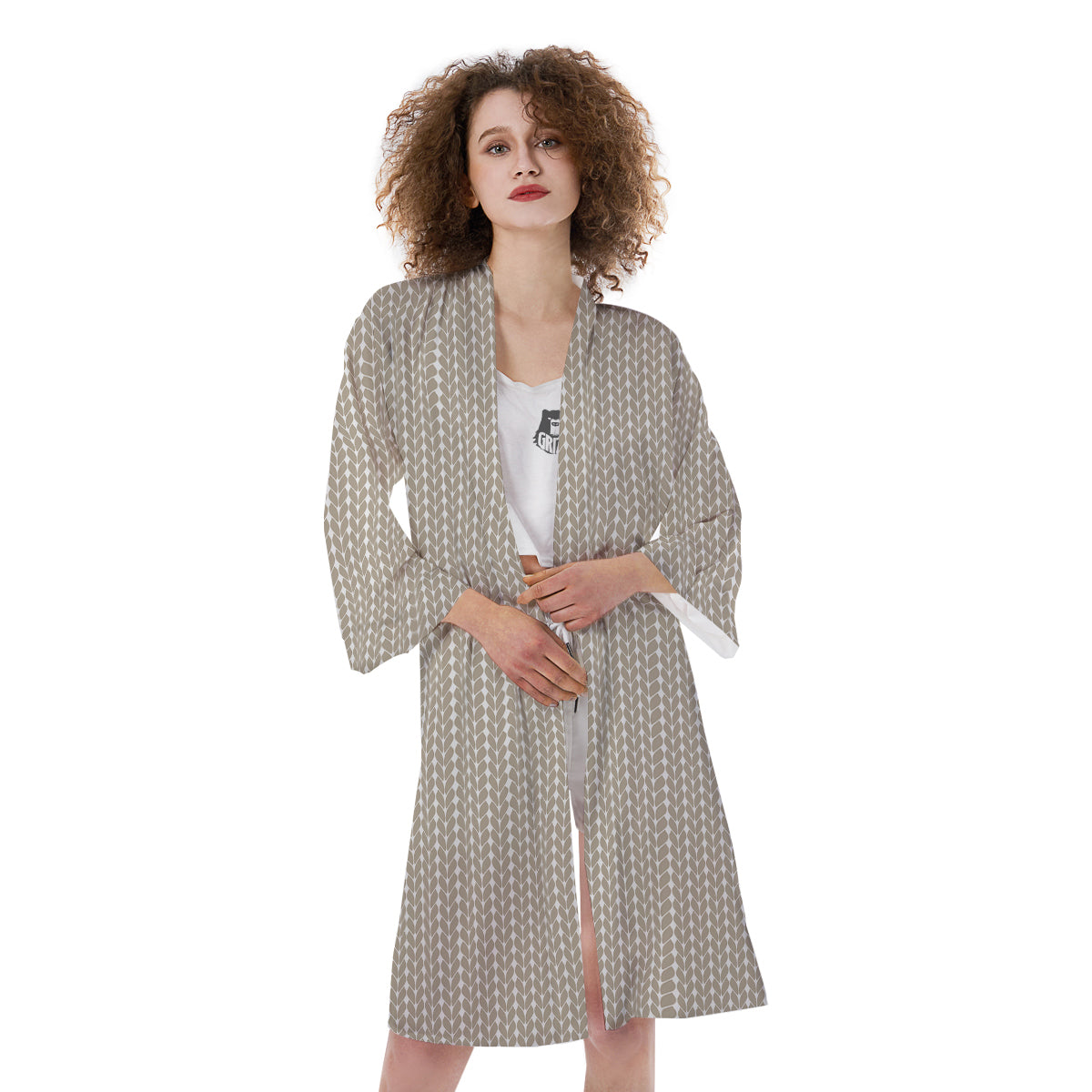 Knitted White And Beige Print Pattern Kimono-grizzshop