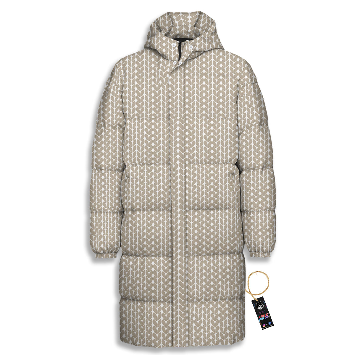 Knitted White And Beige Print Pattern Long Down Jacket-grizzshop