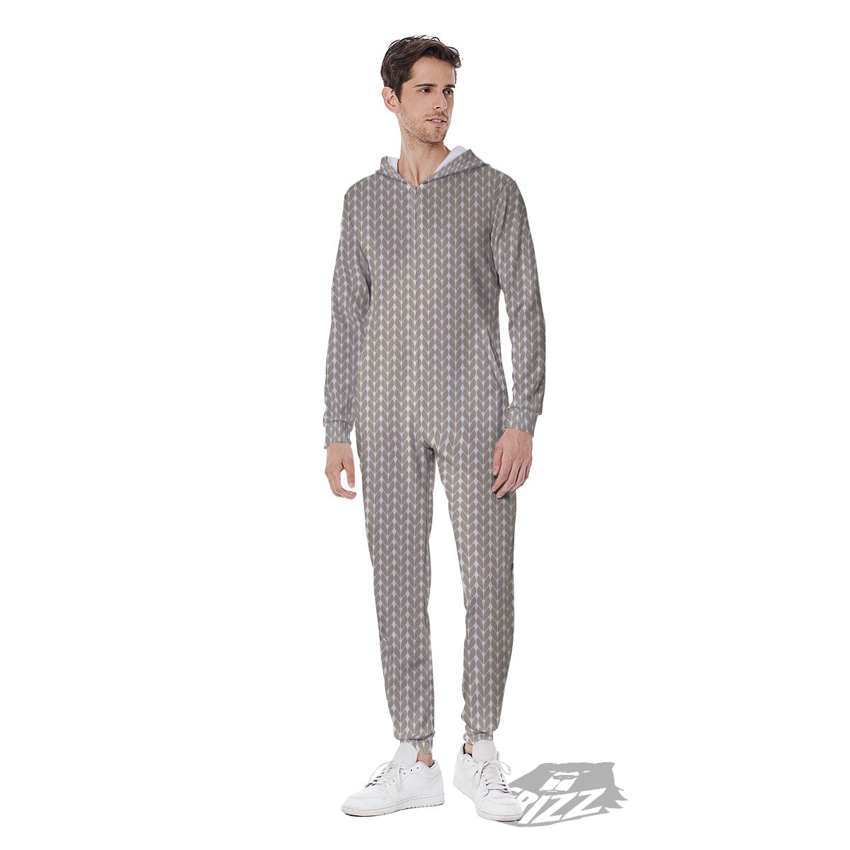 Knitted White And Beige Print Pattern Men's Jumpsuit-grizzshop