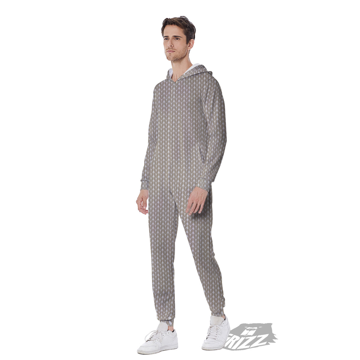 Knitted White And Beige Print Pattern Men's Jumpsuit-grizzshop