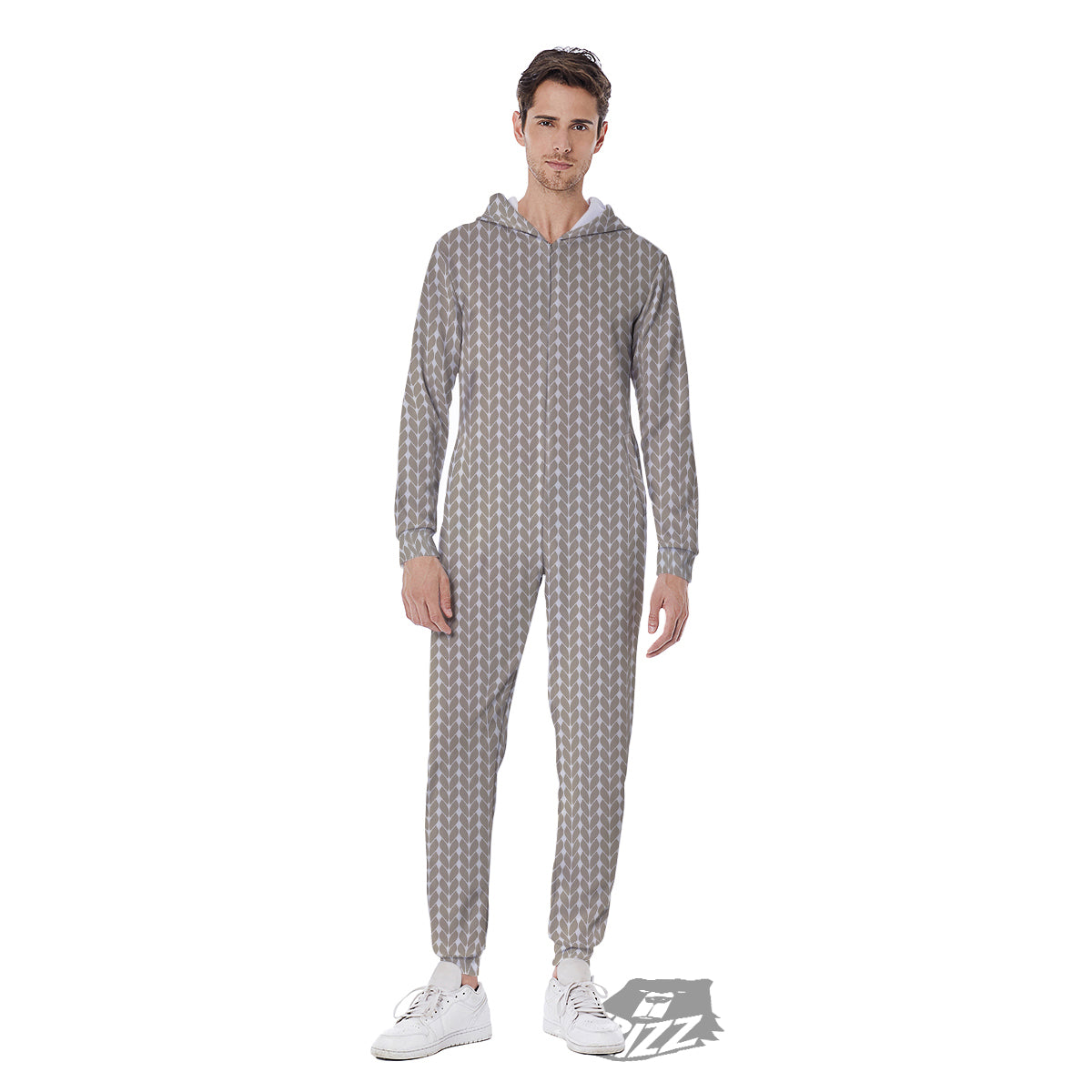 Knitted White And Beige Print Pattern Men's Jumpsuit-grizzshop