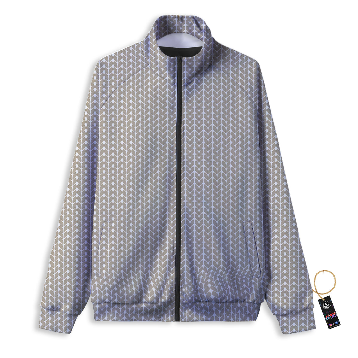 Knitted White And Beige Print Pattern Track Jacket-grizzshop