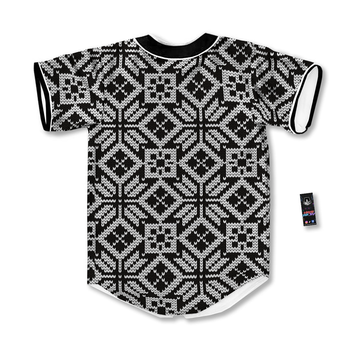 Knitted White And Black Print Pattern Baseball Jersey-grizzshop