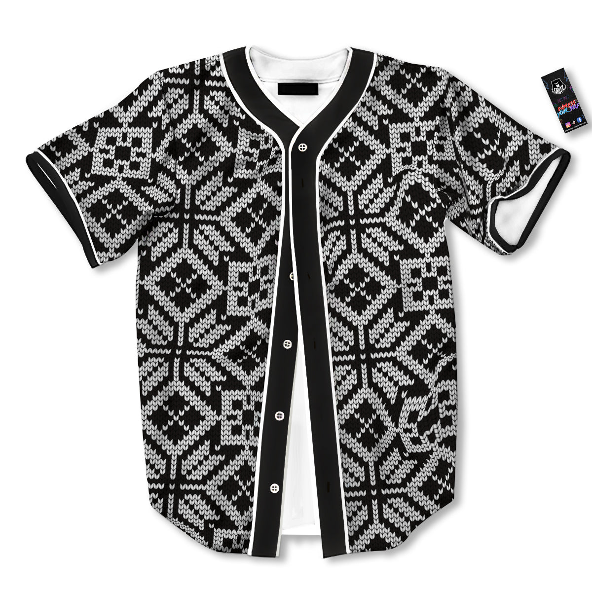 Knitted White And Black Print Pattern Baseball Jersey-grizzshop
