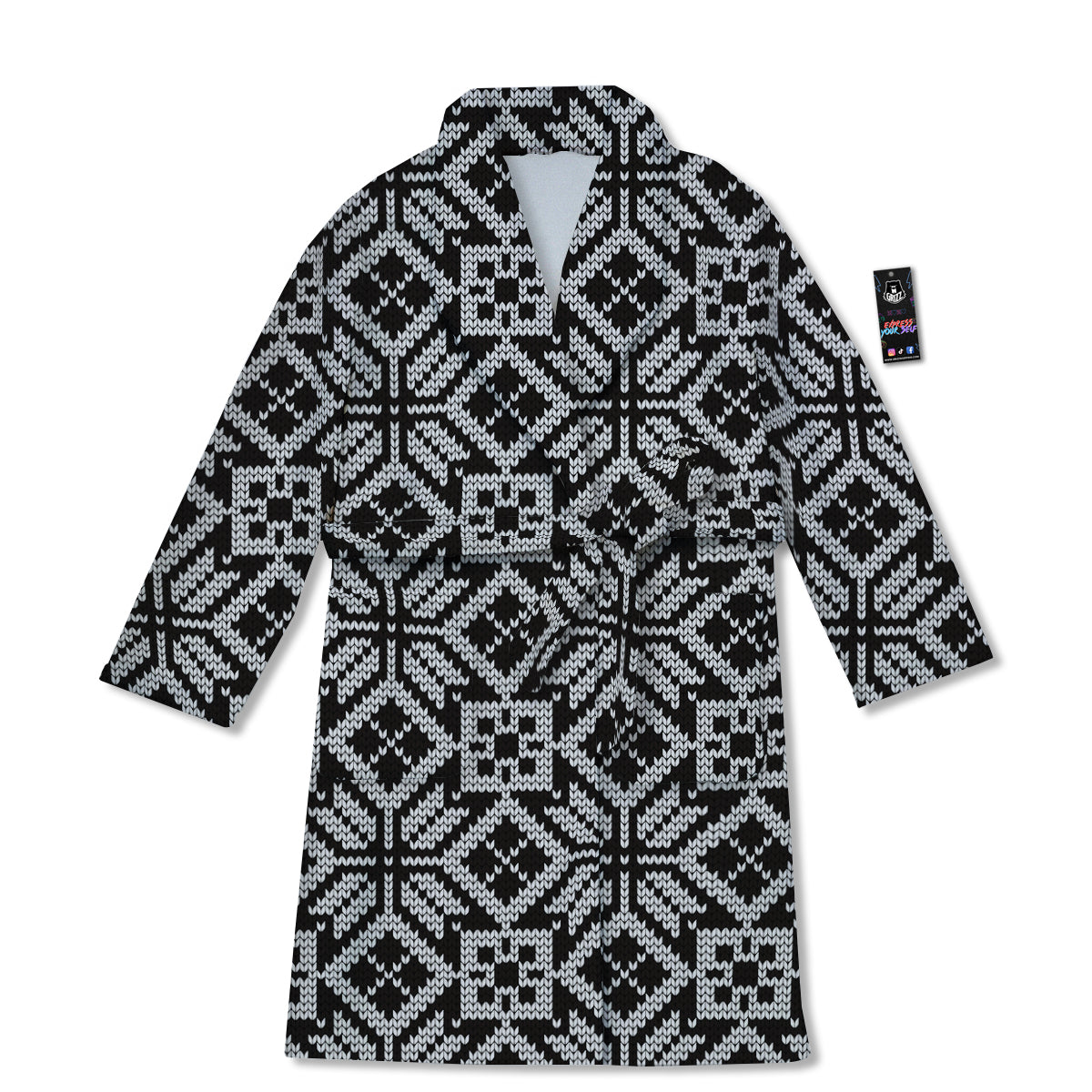 Knitted White And Black Print Pattern Bathrobe-grizzshop