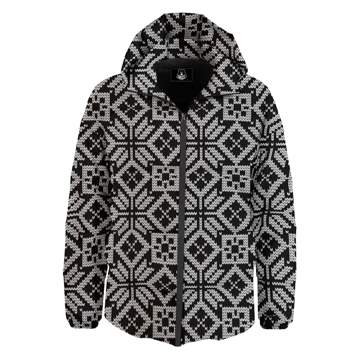 Knitted White And Black Print Pattern Down Jacket-grizzshop