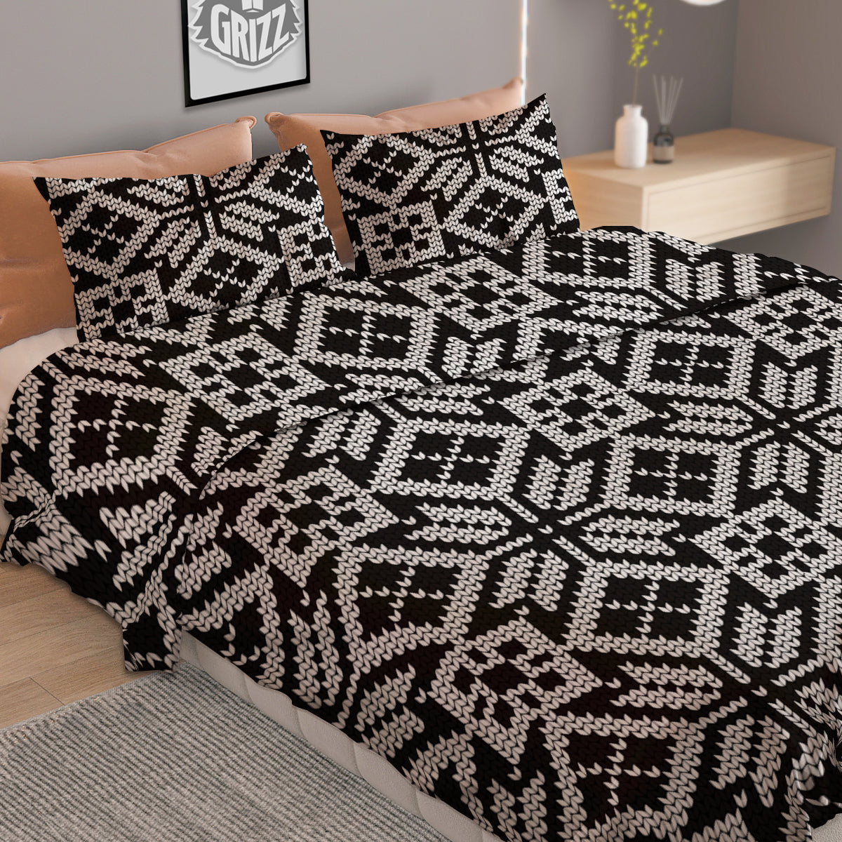 Knitted White And Black Print Pattern Duvet Cover Bedding Set