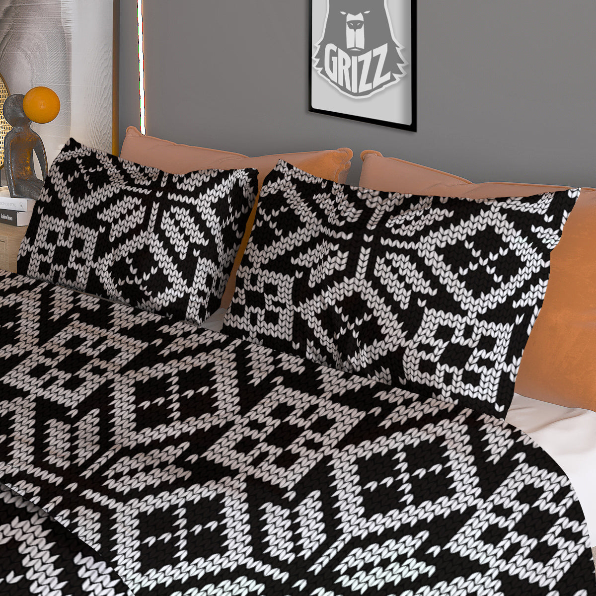 Knitted White And Black Print Pattern Duvet Cover Bedding Set