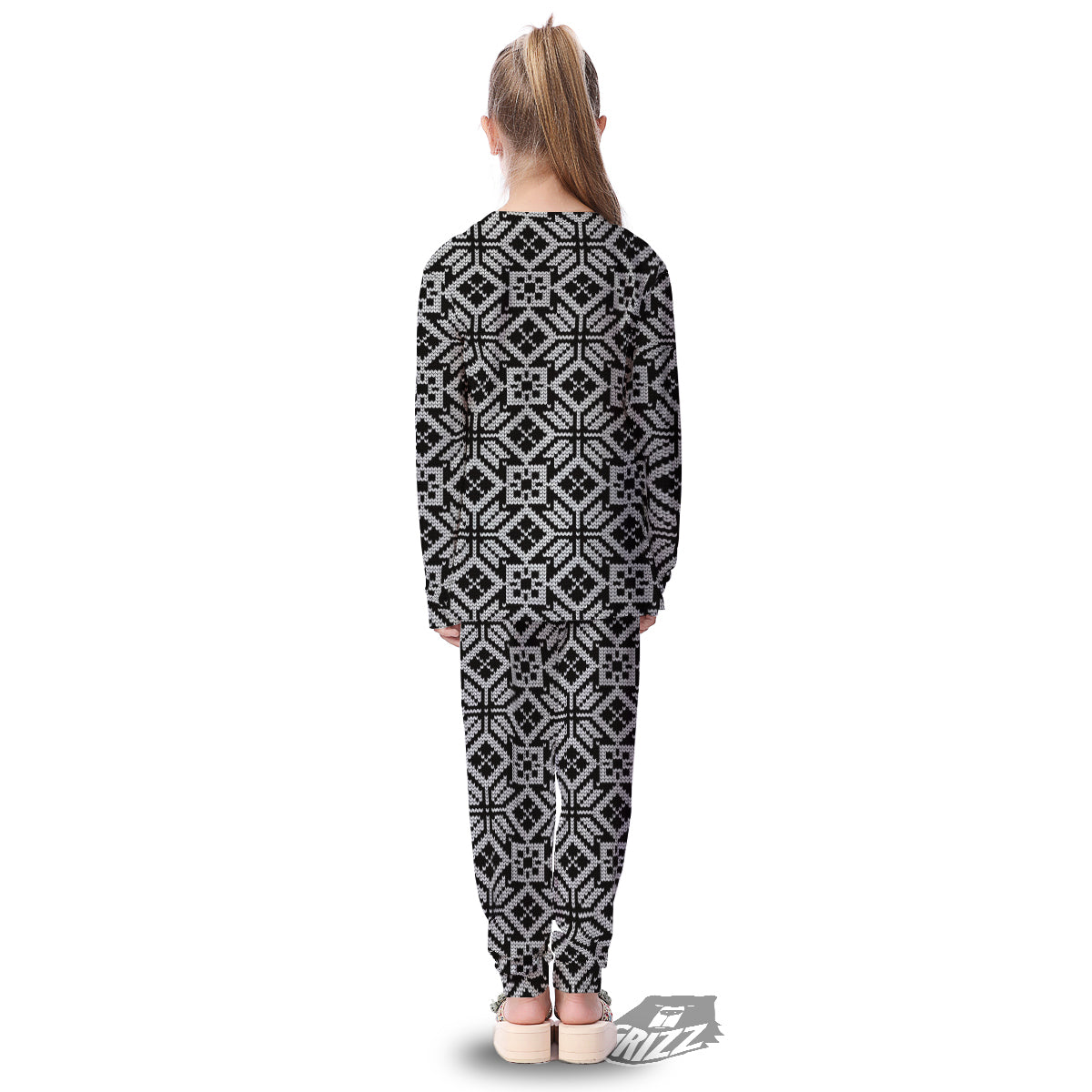 Knitted White And Black Print Pattern Kid's Pajamas-grizzshop