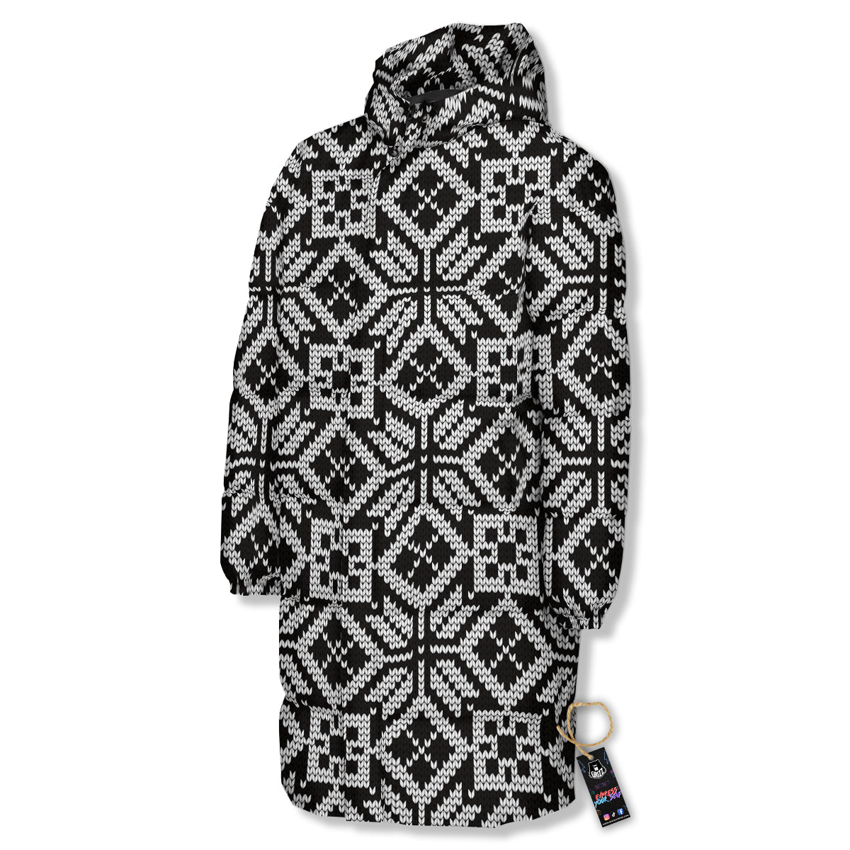 Knitted White And Black Print Pattern Long Down Jacket-grizzshop