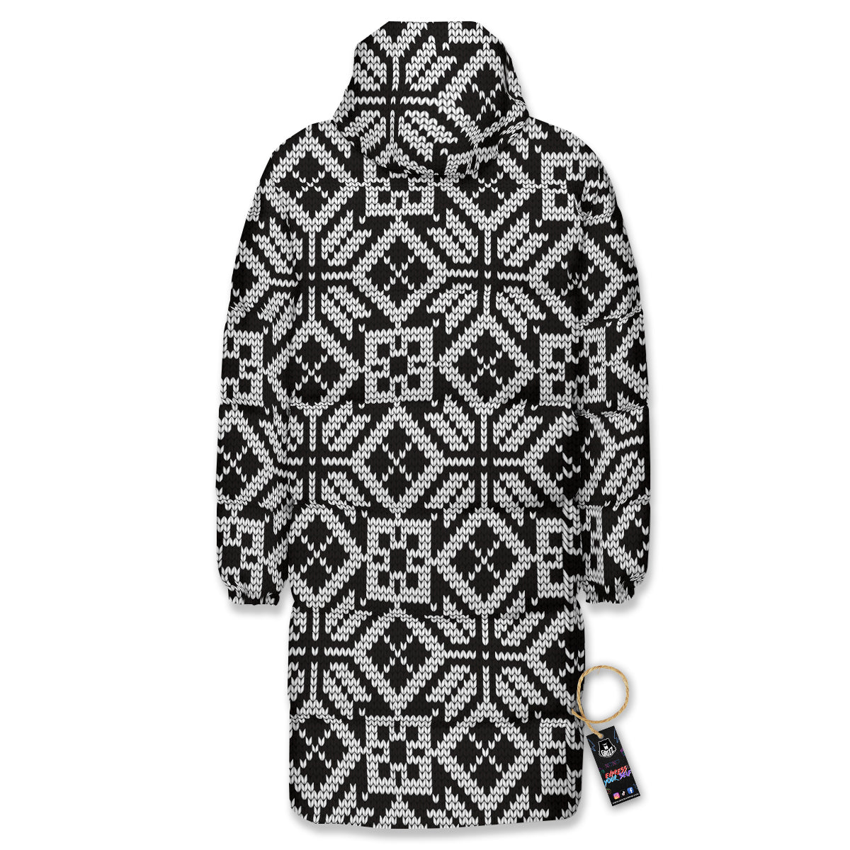 Knitted White And Black Print Pattern Long Down Jacket-grizzshop