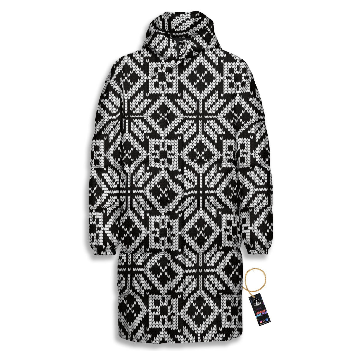 Knitted White And Black Print Pattern Long Down Jacket-grizzshop
