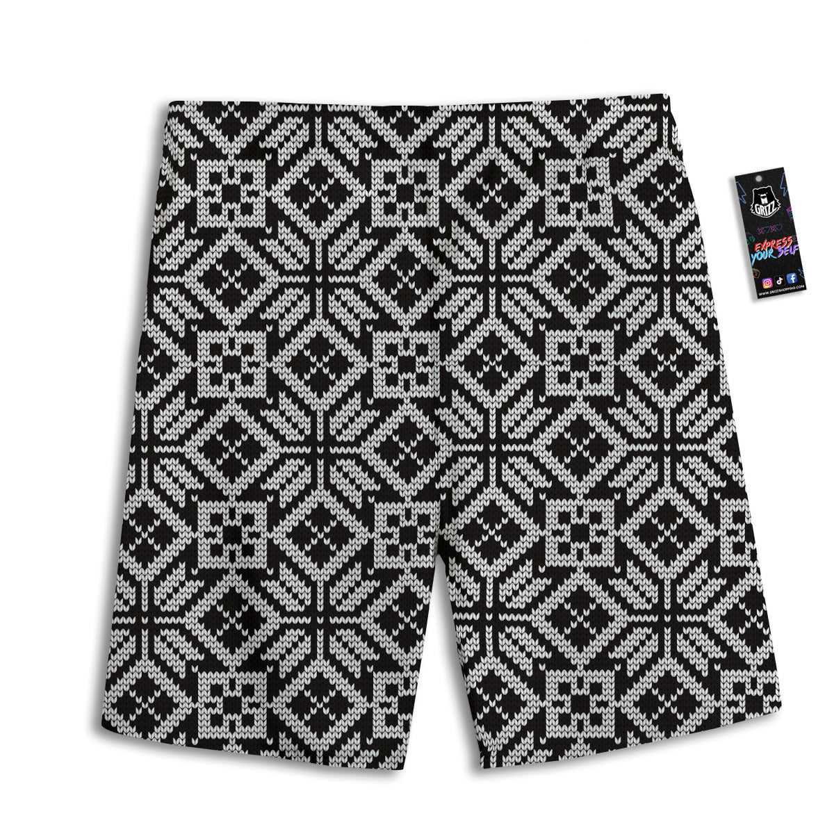 Knitted White And Black Print Pattern Men's Athletic Shorts