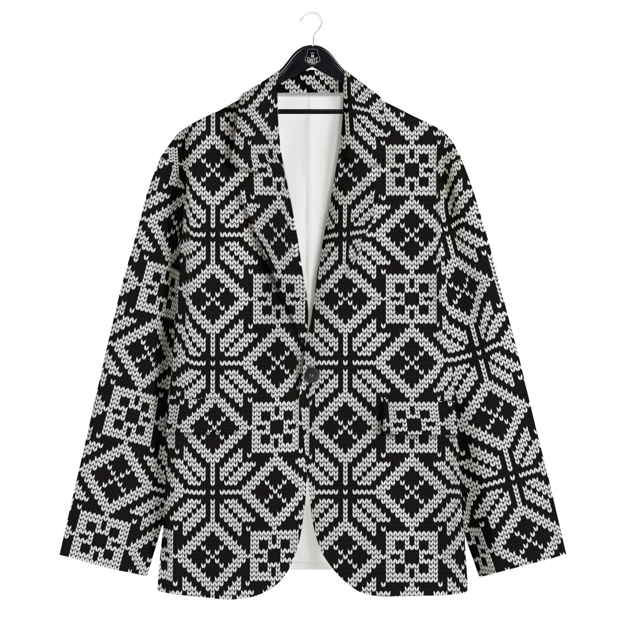 Knitted White And Black Print Pattern Men's Sport Coat-grizzshop