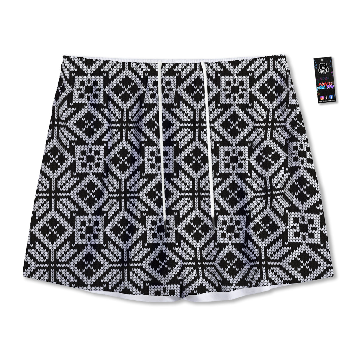 Knitted White And Black Print Pattern Mesh Shorts