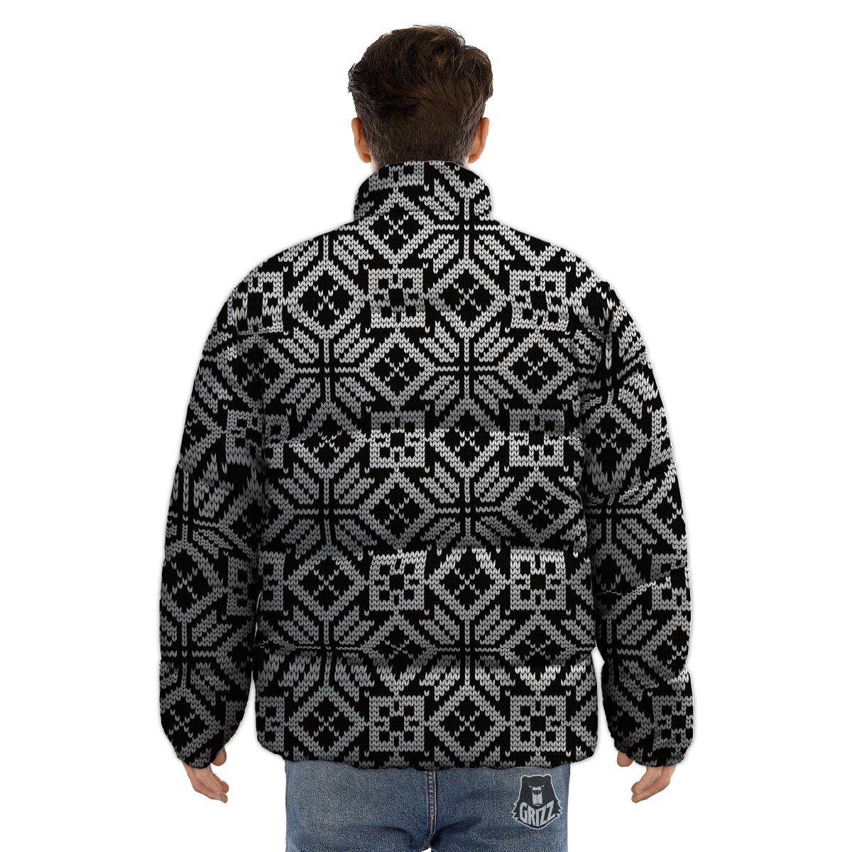 Knitted White And Black Print Pattern Puffer Jacket-grizzshop