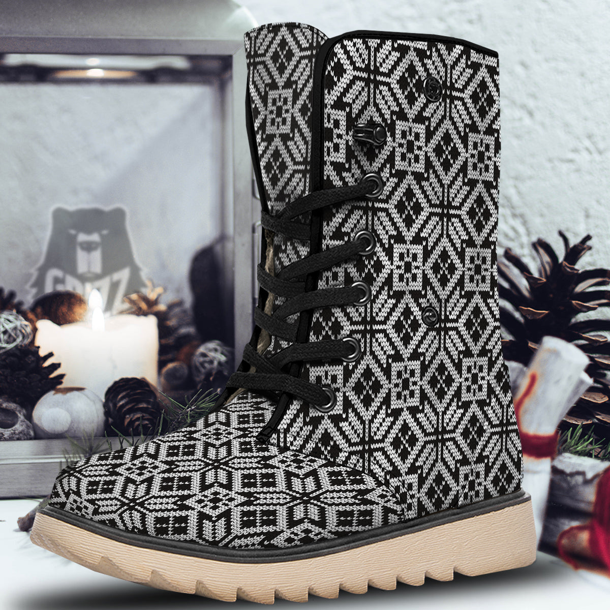 Knitted White And Black Print Pattern Snow Boots-grizzshop