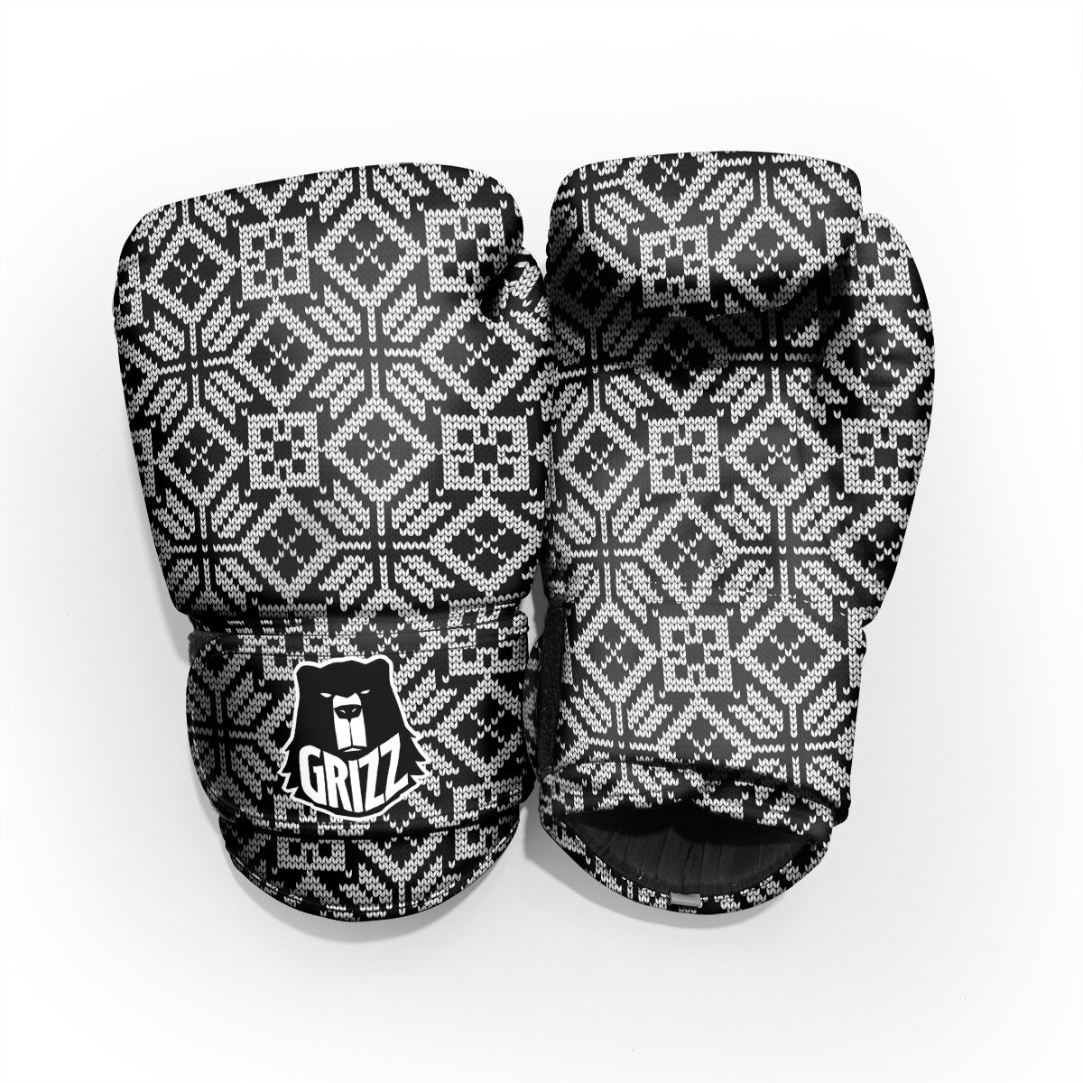 Knitted White And Black Print Pattern Pro Boxing Glove