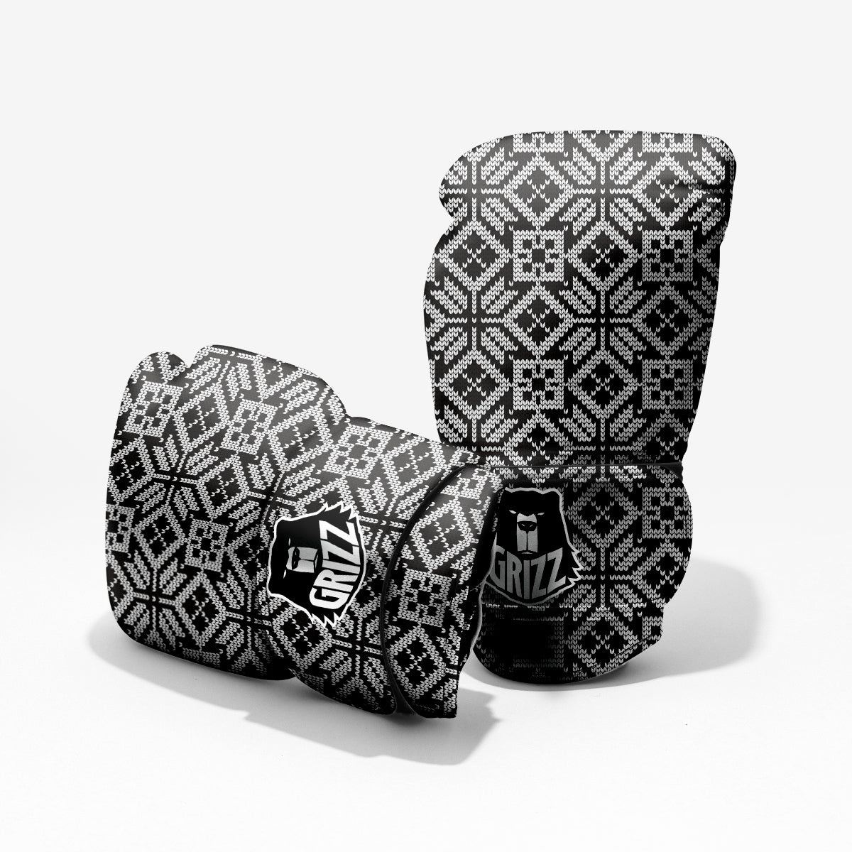 Knitted White And Black Print Pattern Pro Boxing Glove