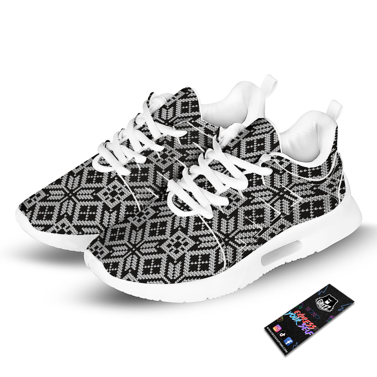 Knitted White And Black Print Pattern Tennis Shoes-grizzshop