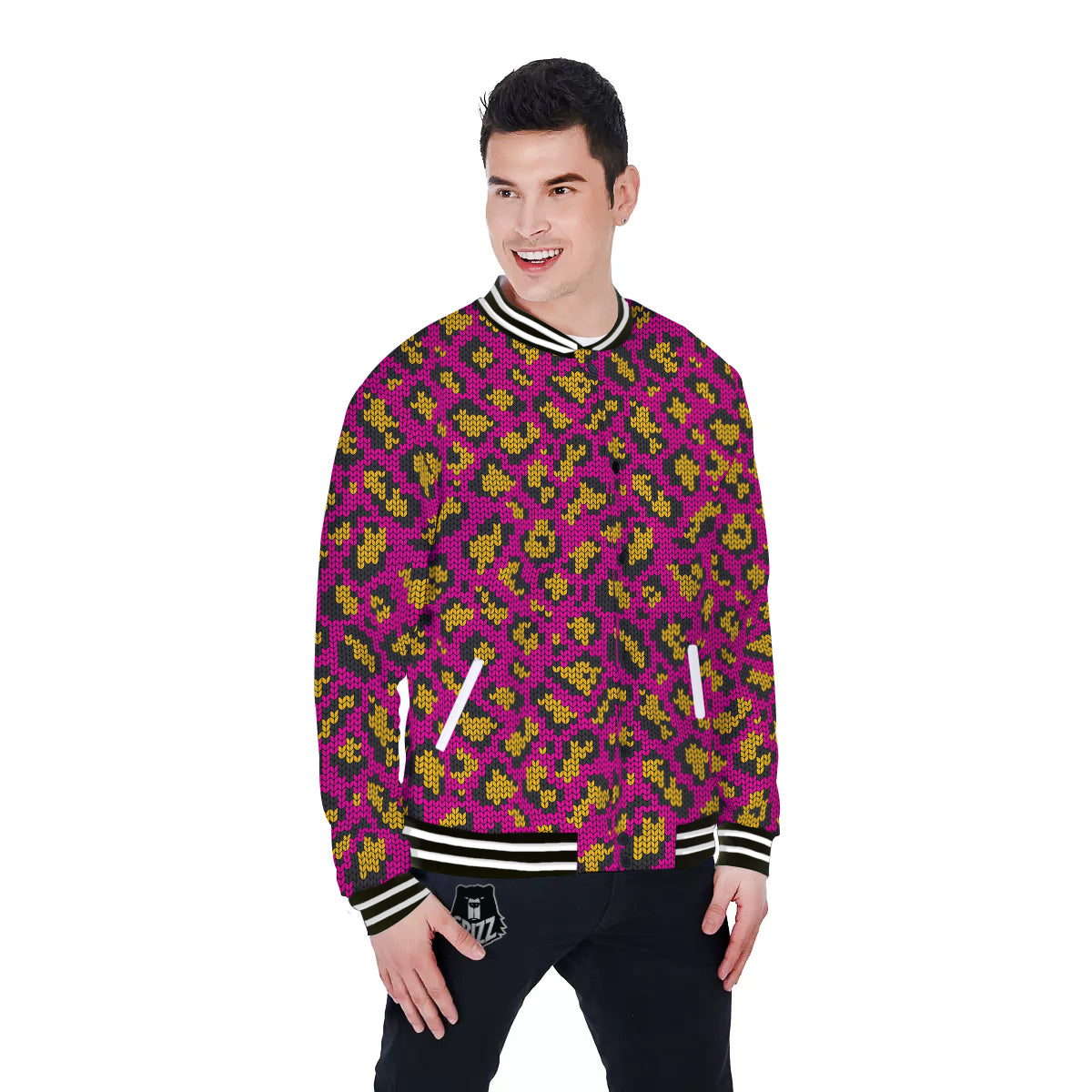 Knitted Wild Pink Leopard Print Pattern Baseball Jacket-grizzshop