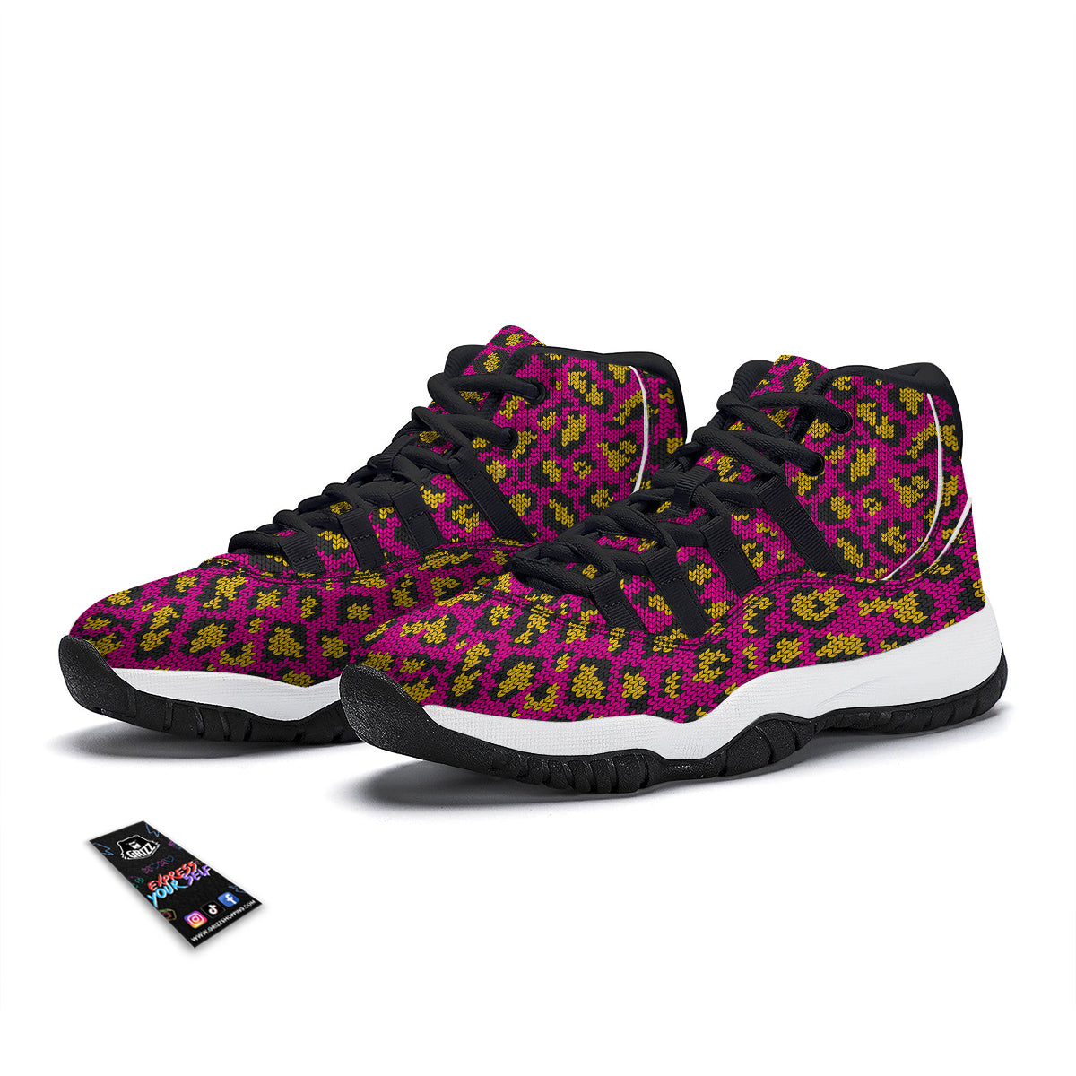 Knitted Wild Pink Leopard Print Pattern Black Bball Shoes-grizzshop